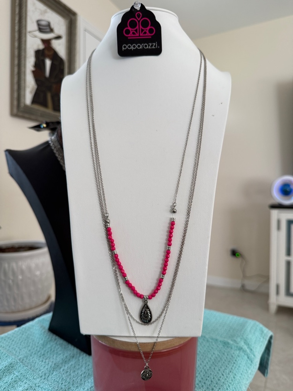 paparazzi Silver-Tone Necklace with Hot Pink Beaded Layer